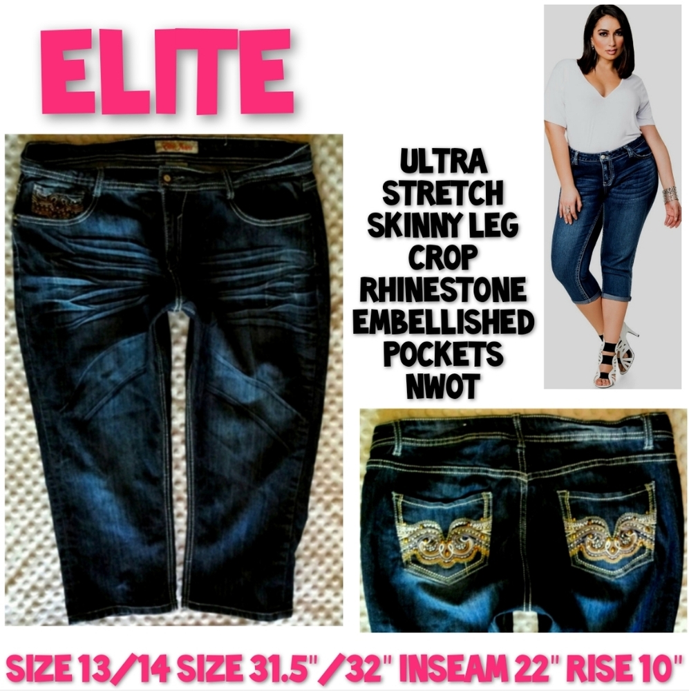 Elite Jeans Rhinestone Embellished Capri Size 13/14 NWOT - Picture 1 of 11